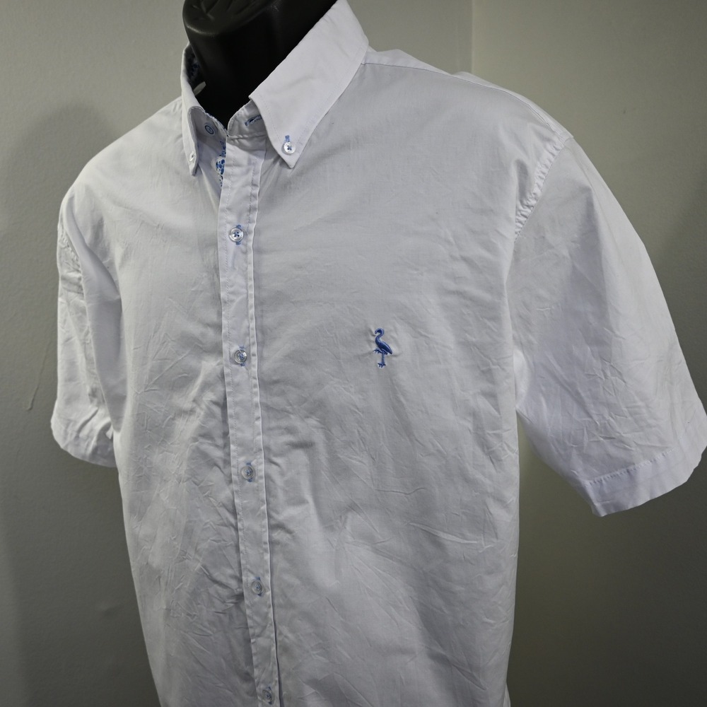 Tailorbyrd‎ Button Down Mens XL White Flamingo Logo Short Sleeve Shirt